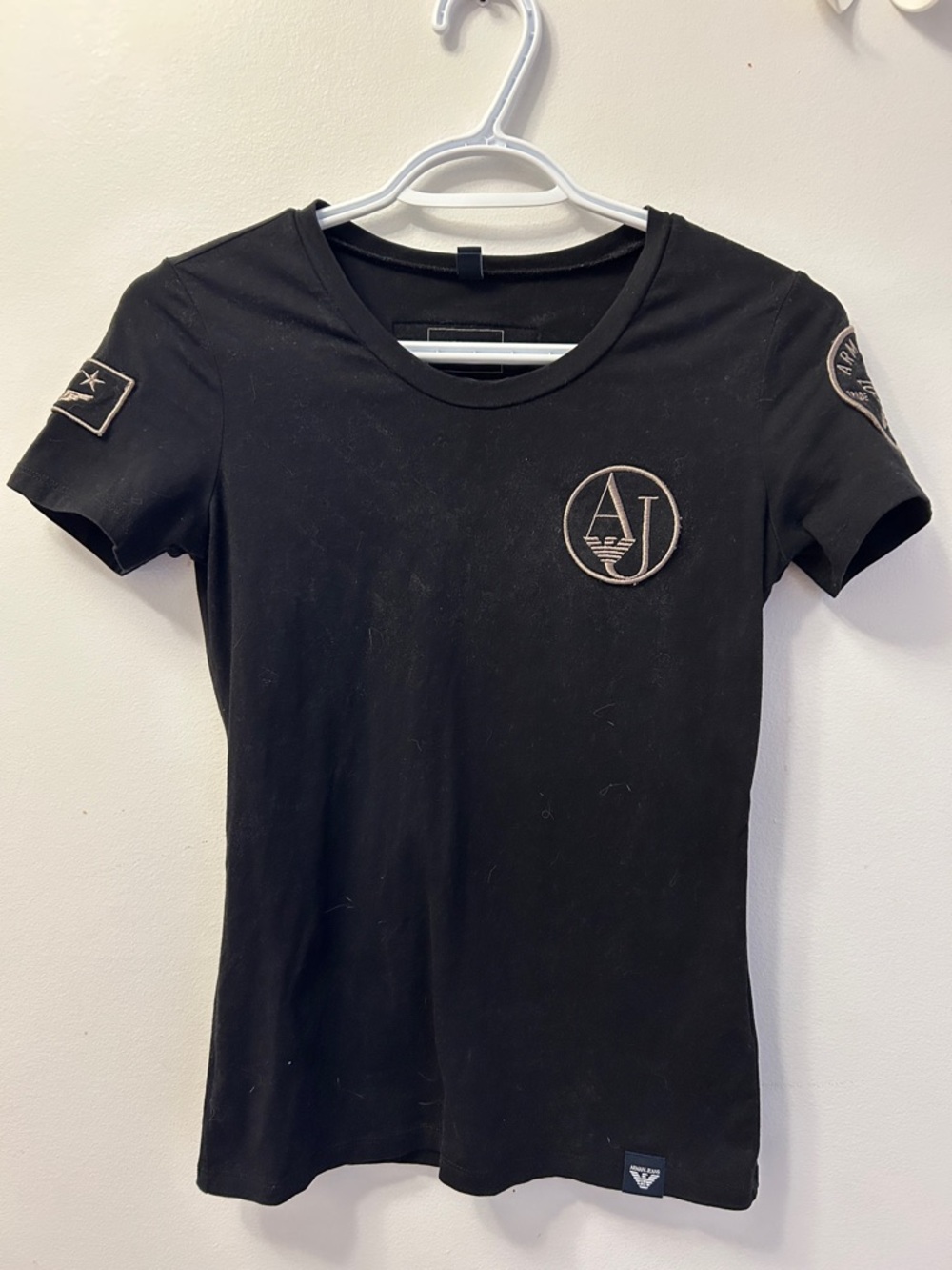 Armani Jeans Black Short Sleeve Tee with Beige Logo Patches XS